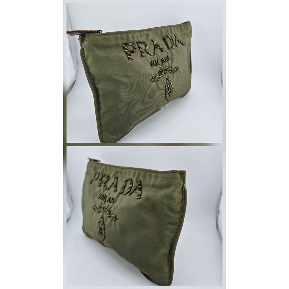 Prada Olive Green Nylon Beaded Logo Pouch Makeup Bag Clutch Milano Italy - Picture 3 of 8